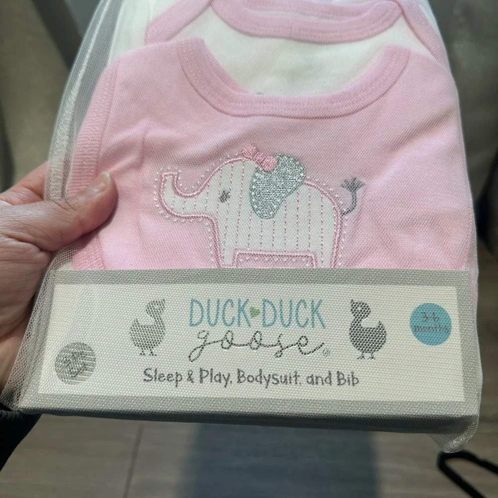 Duck Duck Girls Pink & White Elephant Print Bodysuit Set - 3pc